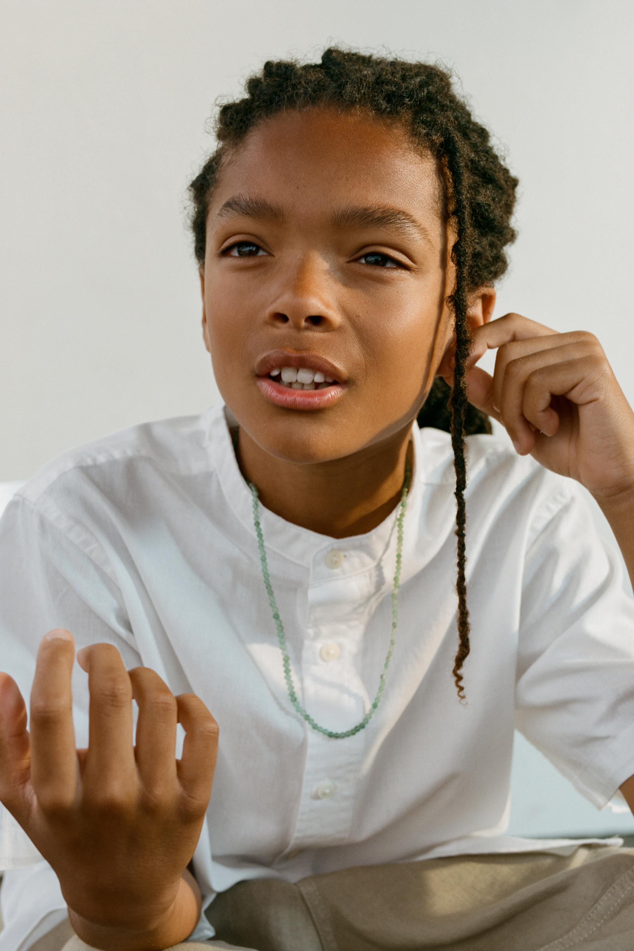 COTTON AND LINEN MANDARIN COLLAR SHIRT